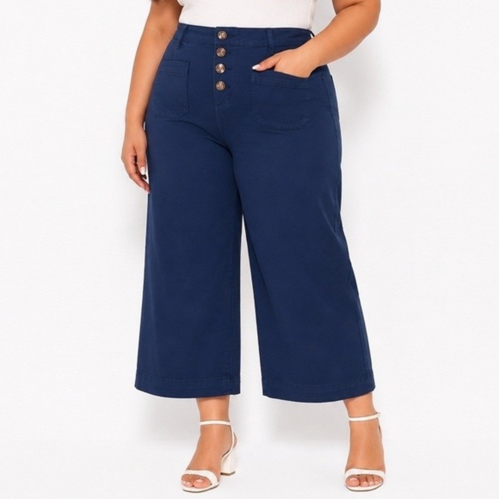 Tribal‎ Audrey Hugging Navy Blue Button Fly Wide Leg Crop Pants 16W NWT